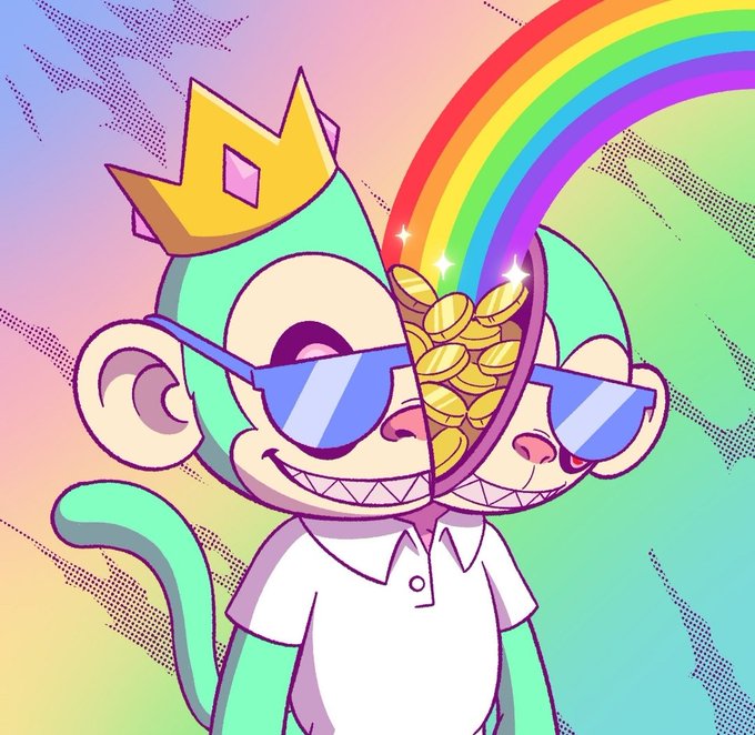 A vibrant cartoon illustration of a green monkey character wearing a gold crown, blue sunglasses, and a white polo shirt, with a rainbow arching behind and gold coins spilling out, set against a colorful halftone background.