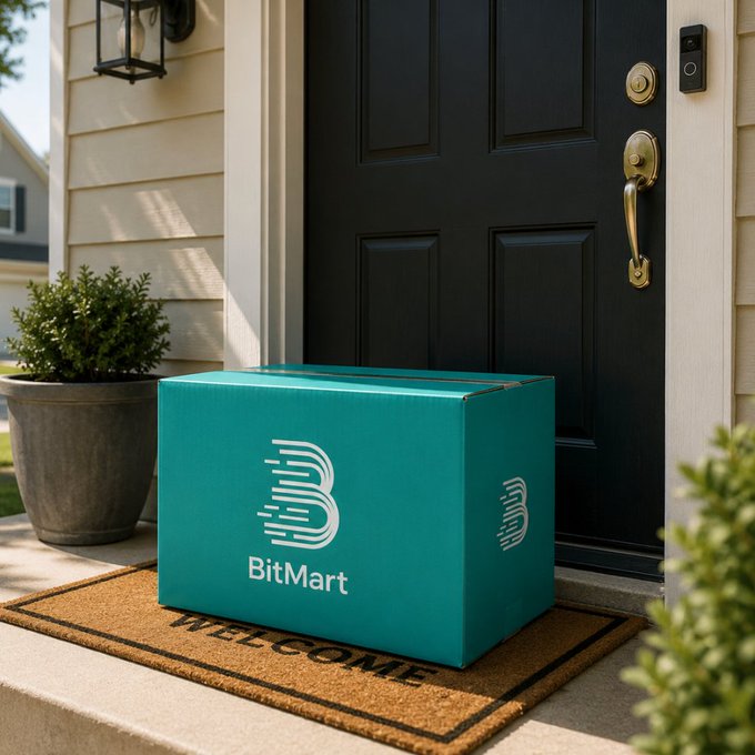 A teal BitMart branded shipping box sits on a "WELCOME" doormat in front of a dark front door, suggesting an exciting unboxing moment. The image visually captures the anticipation of receiving mystery BitMart merchandise, prompting viewers to imagine what goodies they'd hope to find inside.