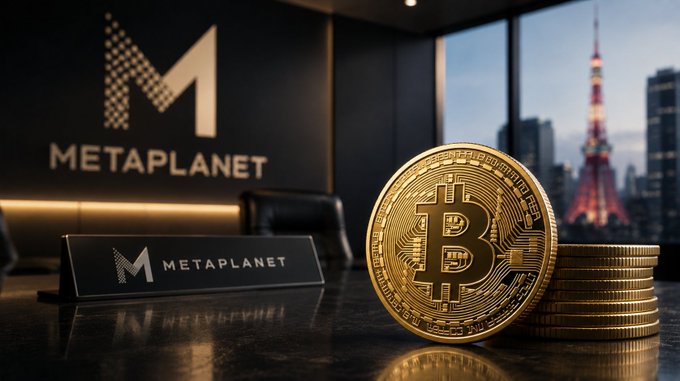 A promotional image for METAPLANET showing a stack of Bitcoin coins on a desk with the Metaplanet logo and a cityscape with Tokyo Tower in the background.
