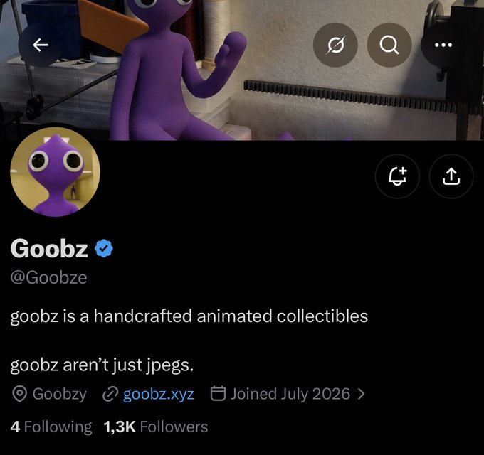 A social media profile for 'Goobz' (@Goobze), described as 'a handcrafted animated collectibles' project where 'goobz aren't just jpegs,' showing 1.3K followers and a purple mascot character.