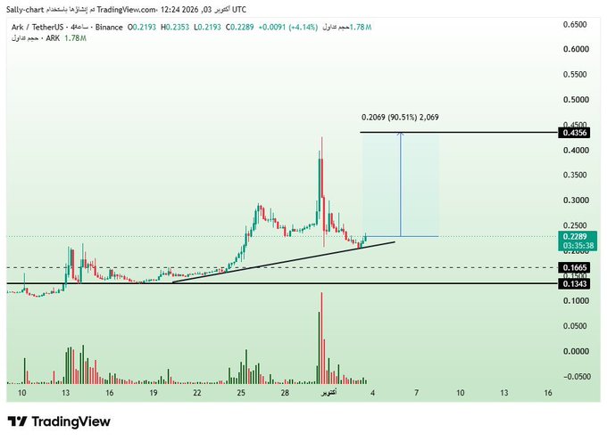 A TradingView candlestick chart for ARK/TetherUS on Binance shows a 4.14% price increase, with technical levels marked at 0.2069 (90.51%), 0.4356, 0.2289, 0.2050, 0.1665, and 0.1343.