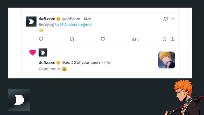 Screenshot showing a Twitter/X reply from @deficom to @OnchainLegend with an anime character (Ichigo from Bleach) reaction image, featuring the defi.com logo.