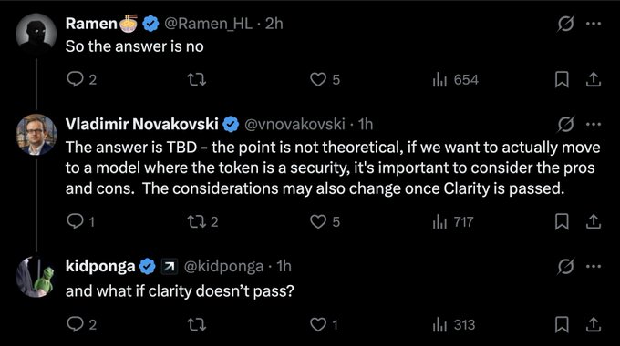 A Twitter/X exchange discussing tokenomics, where Vladimir Novakovski (@vnovakovski) explains that the answer regarding whether a token is a security is "TBD" and not theoretical, noting considerations may change once Clarity Act is passed, followed by @kidponga asking "and what if clarity doesn't pass?"