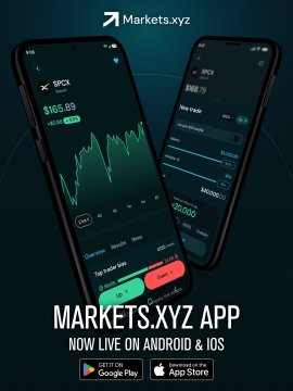 The image shows two cell phones placed next to each other with a screen displaying a stock market app called "markets.xz" that provides options for trading perps, stocks, indices, forex, oil, $HYPE and more 24/7 on iOS+ Android. The background of the image is white with green lines, which gives the impression of a digital clock or time-stamping effect. It seems as if someone made $10,000 while they were waiting for Monday open that someone could've been you.