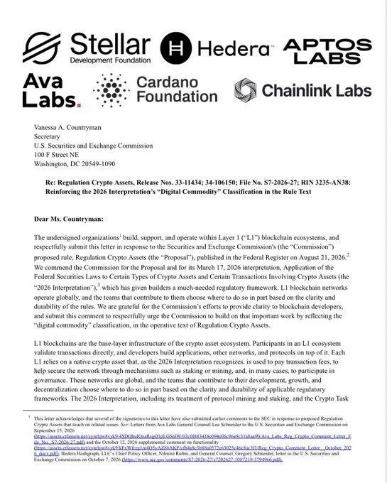 A letter to SEC Secretary Vanessa A. Countryman from Stellar Development Foundation, Hedera, Aptos Labs, Ava Labs, Cardano Foundation, and Chainlink Labs urges the SEC to formally adopt its “digital commodity” classification for crypto assets in the rules. It cites Regulation Crypto Assets Release Nos. 33-11434, 34-106150, File No. S7-2026-27, and RIN 3235-AM38.