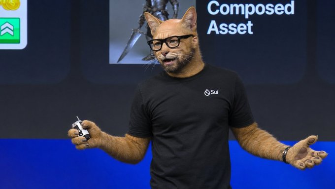 A person with a cat's head wearing glasses and a Sui t-shirt, presenting at a conference with "Composed Asset" displayed on the screen behind them.
