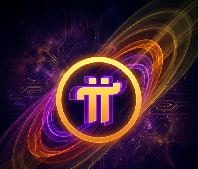 The image features a large circle filled with vibrant colors, including shades of purple, orange, yellow, and pink. The center of this colorful circle contains the symbol for Pi (π), which is surrounded by glowing symbols representing the network's pioneers who built the $Pi Network. These pioneers are depicted as individuals working together to create a grand bridge that connects the present with a prosperous future.