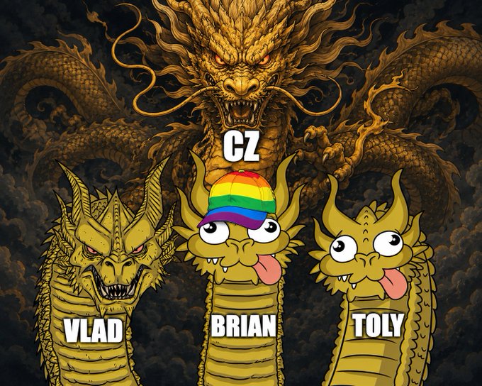 This image depicts three stylized dragon heads labeled "VLAD," "BRIAN," and "TOLY," with a larger, more menacing dragon in the background. The post's accompanying link to "x.com/FlippingProfit…" suggests the image is related to a stock market or financial trading context, possibly representing market participants or volatility.