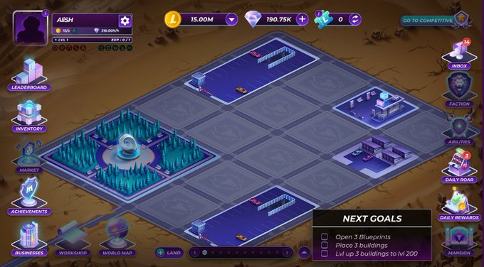 The image shows a video game screen with a purple background, featuring a map of a city and various buildings. The game appears to be a strategy or adventure game set in a desert environment. A player's name can be seen at the top left corner of the screen, along with an avatar representing the player. The game is described as having "open goals" and "3 blueprints", indicating that it has multiple objectives for players to achieve within the game.