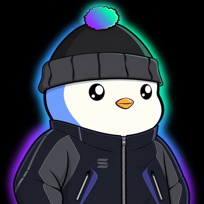 A digital illustration depicts an anthropomorphic penguin wearing a black winter beanie with a rainbow pom-pom and a black puffer jacket, glowing with a neon aura against a black background.