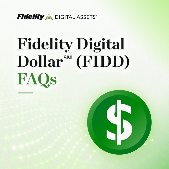 A green-themed graphic for Fidelity Digital Assets featuring the 'Fidelity Digital Dollar (FIDD) FAQs' title and a large green coin icon with a dollar sign.