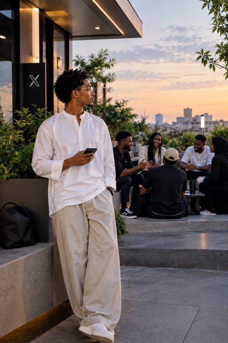 A young man wearing glasses, a white shirt, and beige pants standing on a terrace holding a phone, with a group of people socializing at a table in the background during sunset.
