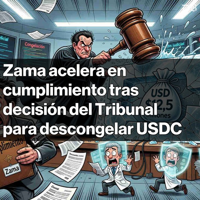 The image features a cartoon courtroom scene with a judge holding a gavel, symbolizing authority and order within the court system. The judge appears to be making an important decision that affects the lives of others. In addition to the judge, there are three people in the scene - one person is depicted as a doctor wearing a lab coat, another person is shown as a businessman with a briefcase, and the third person is a man dressed in a suit. The image also includes text that reads "Zama acelera en como completamento tras decisión del Tribunal USDC para desconectar la medida". This suggests that the judge is making a decision based on evidence presented to him, and he is aiming for fairness and justice in his rulings.