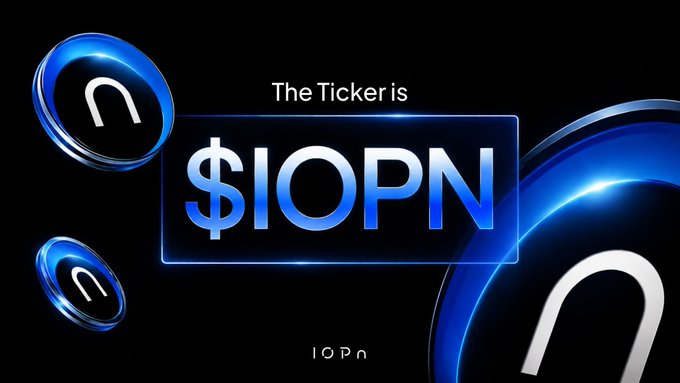 A promotional graphic with a black background and blue glowing 3D coins, displaying the text "The Ticker is $IOPN".