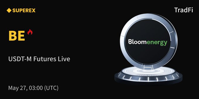 The image features a poster with a silver circle containing a green logo that reads "BloomEnergy" along with the text "USDT-M Futures Live". The poster also includes an event date of May 27, at 3:00 p.m. (UTC) and a location for the event. The focus on this particular image is to promote the USDT-M Futures live event hosted by Bloom Energy.