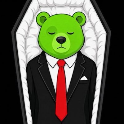 A cartoon green bear-headed figure in a black suit and red tie lies peacefully in a coffin, symbolizing the "Bear is Dead" meme referenced in the post about Bear (MemeFi) tokenomics taxing trades 8.99% to reward airdrop holders and deter high-frequency dumpers on the Robinhood chain.