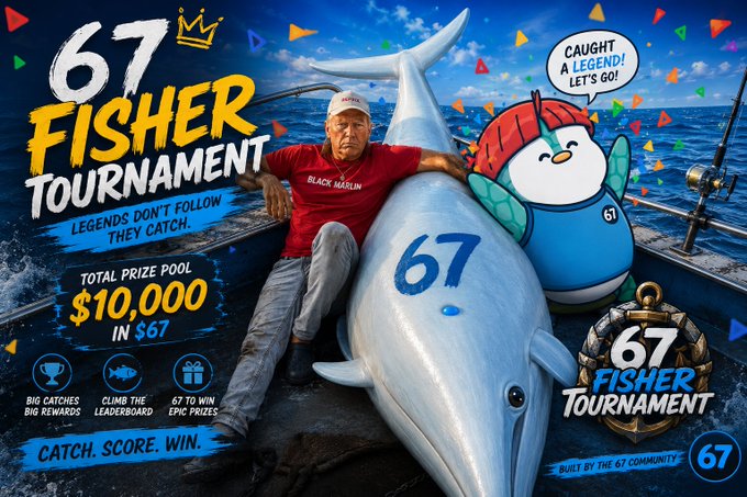 A fisherman poses with a massive 67-marked tuna on a boat, surrounded by promotional graphics for the "67 FISHER TOURNAMENT" featuring a $10,000 prize pool and a cartoon penguin mascot declaring "Caught a legend! Let's go!" — celebrating the fishing tournament's conclusion mentioned in the post, with the "67" branding tying the tournament to the SixSevenApp community.