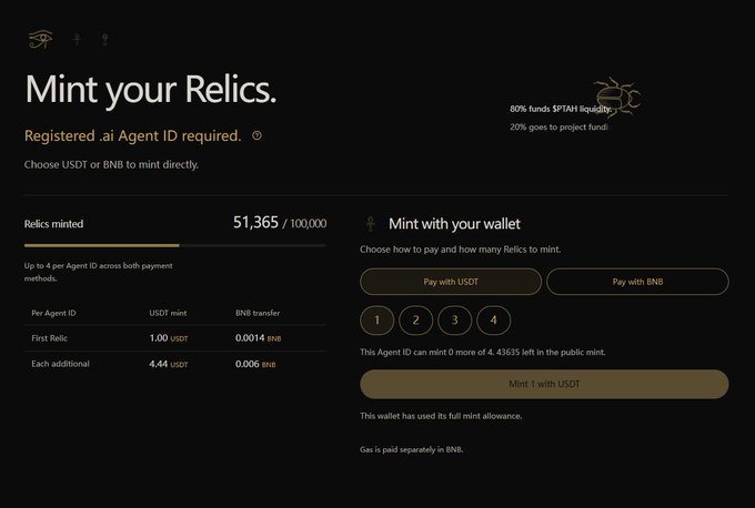 A dark webpage reads “Mint your Relics.” and shows relic-minting options, progress “51,365 / 100,000,” and payment buttons for “Pay with USDT” and “Pay with BNB.”