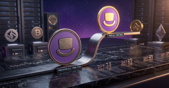 A 3D-rendered image showing two large gold and purple coins featuring a smiley face with a top hat on a metallic stand, with cryptocurrency coins (Bitcoin, Ethereum, Solana) and servers in the background, labeled 'PREVIOUS ALL-TIME HIGH' and 'NEW ALL-TIME HIGH' on dates 'Day 15' and 'Day 23'.
