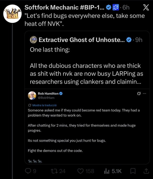 A screenshot of an X (formerly Twitter) thread showing a quoted tweet from Rob Hamilton (@Rob1Ham) about bug hunting being accessible to anyone, with "Extractive Ghost of Unhoste..." commenting on dubious characters LARPing as researchers, and a top reply from "Softfork Mechanic #BIP-1..." saying "Let's find bugs everywhere else, take some heat off NVK." The image reinforces the post's message by highlighting how community members are actively pursuing legitimate bug research while critics dismiss their concerns as a "Core conspiracy."