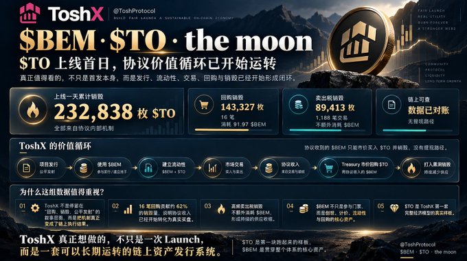 A promotional graphic for ToshX displaying '$BEM · $TO · the moon' with statistics showing 232,838 $TO issued, 143,327 purchased, and Chinese text explaining the protocol's value circulation.