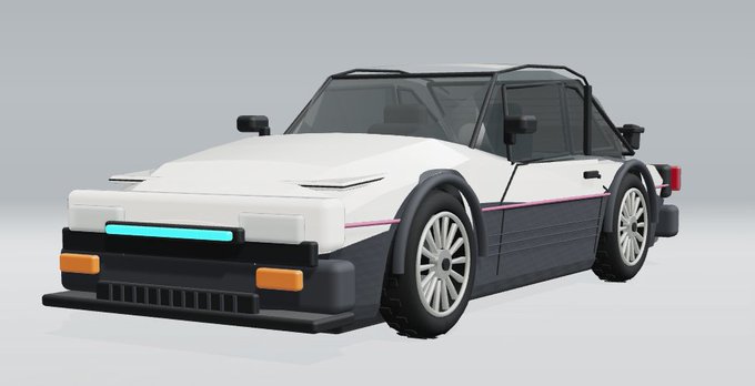 A 3D render of a white and black sports car with pink accents and a cyan front grille light, featuring a blocky, low-polygon design.