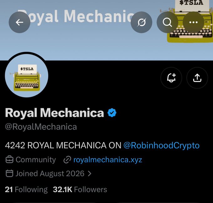 The image displays a Twitter/X profile page for "Royal Mechanica" (@RoyalMechanica), featuring a verified account with a yellow typewriter logo, 32.1K followers, 21 following, and a bio stating "4242 ROYAL MECHANICA ON @RobinhoodCrypto" with a link to royalmechanica.xyz, joined August 2026. The profile relates to the accompanying post by showing the account being endorsed for its strong volume and potential to overcome FUD (fear, uncertainty, and doubt) and rise to high levels.