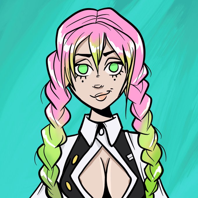 An anime-style illustration of a character with pink and green gradient braided hair, green eyes, and a playful smirk, wearing a white collared shirt with a black cutout vest against a turquoise background.