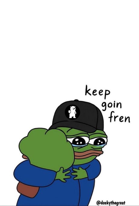 A sad Pepe frog wearing a black cap with a Bored Ape logo embraces another character, with the encouraging text "keep goin fren" and a credit to "@doskythegreat" at the bottom. The uplifting message aligns with the post's theme of perseverance, encouraging Conso.xyz community members to keep building their on-chain reputation from their off-chain efforts.
