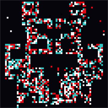A pixelated, 8-bit style digital artwork of what appears to be a red and teal cyborg or robotic character with antenna-like protrusions on a dark background.