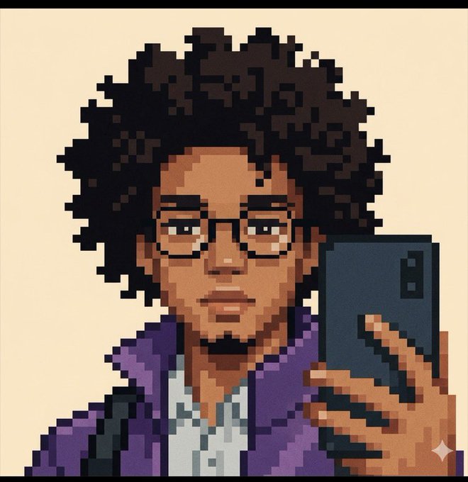 A pixel art illustration depicts a young man with curly dark hair and glasses, wearing a purple shirt, holding up a smartphone as if taking a selfie.