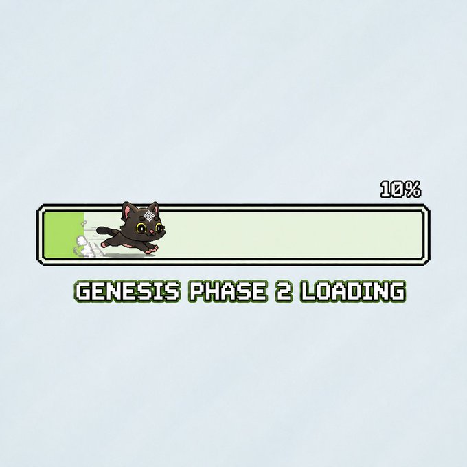 A loading screen with a pixel art black cat running, showing 'GENESIS PHASE 2 LOADING' at 10% progress.