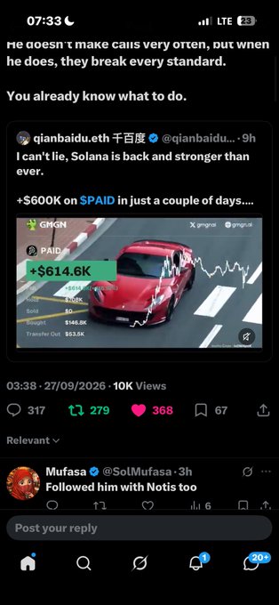 A tweet from 'qianbaidu.eth 千百度' (@qianbaidu...) saying 'I can't lie, Solana is back and stronger than ever,' featuring an image of a red sports car and a chart showing '+S614.6K'.