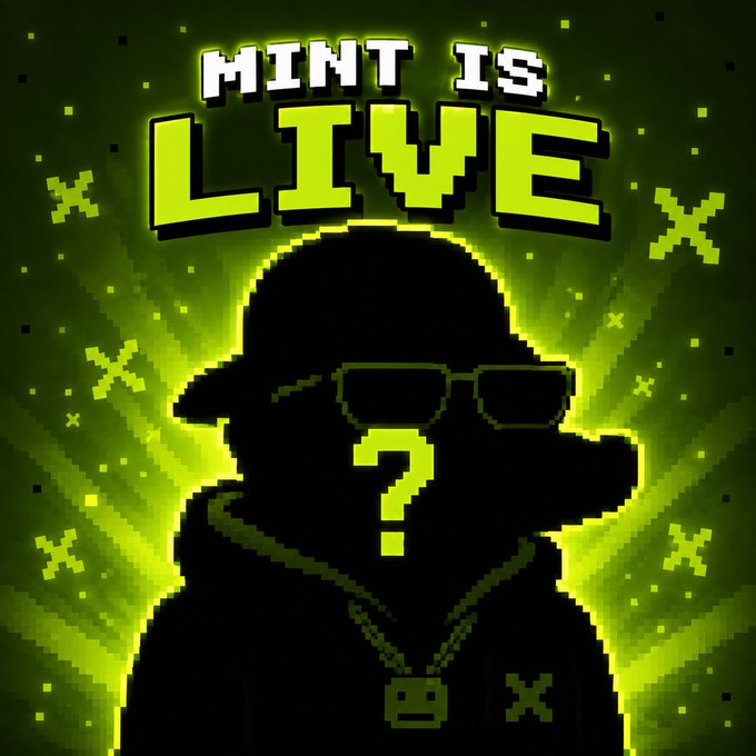 A pixel art style graphic with neon green text reading "MINT IS LIVE" above a silhouetted figure wearing sunglasses and a chain, surrounded by floating X symbols.