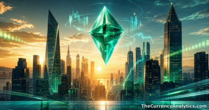 A futuristic cityscape at sunset with a large green Ethereum (ETH) diamond logo floating above skyscrapers, overlaid with glowing candlestick charts and market indicators, branded with "TheCurrencyAnalytics.com".