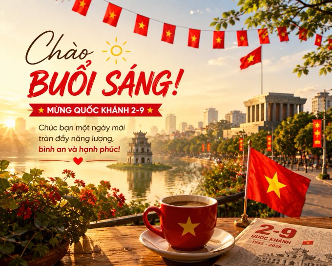 A Vietnamese National Day greeting card with the text 'Chào BUỔI SÁNG! MỪNG QUỐC KHÁNH 2-9' and 'Chúc bạn một ngày mới tràn đầy năng lượng, bình an và hạnh phúc!', featuring a red coffee cup with a yellow star, Vietnamese flags, and a view of Hoan Kiem Lake.