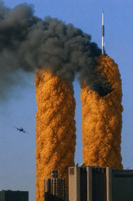 The image shows two massive orange and black smoke plumes billowing from the World Trade Center towers on September 11, 2001, with a commercial airplane visible to the left approaching the scene. The caption satirically plays on the "checked my portfolio" caption by juxtaposing the catastrophic market-crashing event with the modern day concern of financial losses, suggesting the user's portfolio has taken a similarly devastating hit.