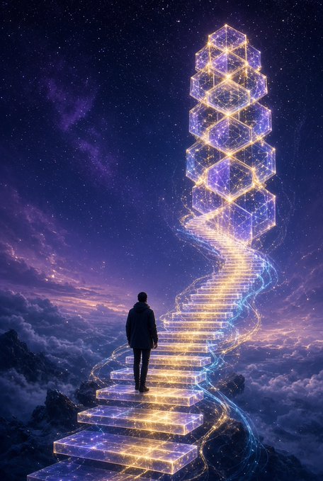 A surreal, digitally-created image of a silhouette of a person standing on glowing, ethereal stairs made of light and cubes, ascending into a starry purple cosmos above the clouds.