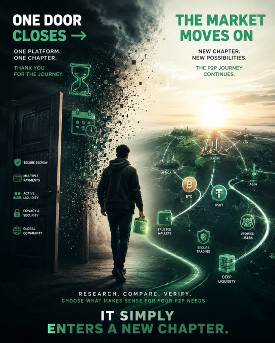 A promotional poster featuring a man walking through a door into a new world, with text including 'ONE DOOR CLOSES', 'THE MARKET MOVES ON', and 'IT SIMPLY ENTERS A NEW CHAPTER,' along with various icons labeled SECURE ESCROW, BTC, USDT, and GLOBAL COMMUNITY.