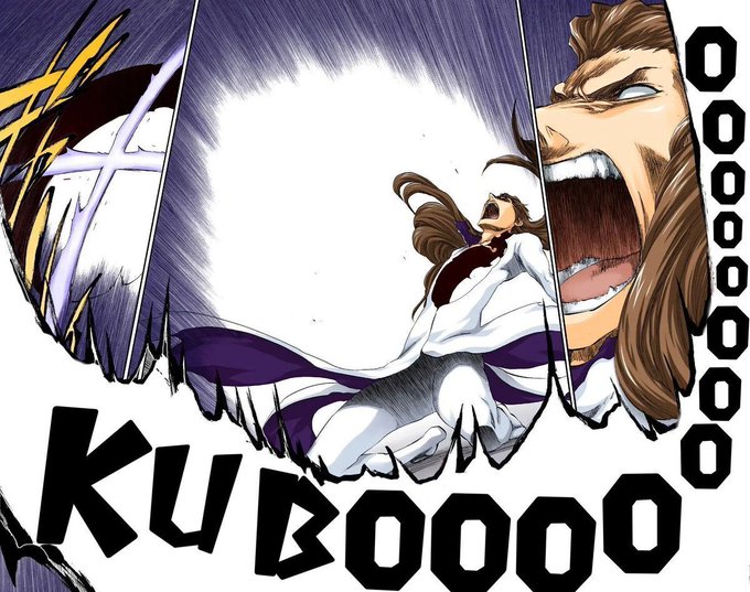 A manga-style illustration showing a character with long brown hair and a white and purple outfit being struck or thrown backwards by a massive force, with a large shouting face on the right; large black text reading 'KUBOOOO' and zeros are prominent.