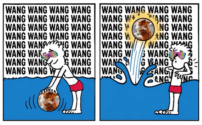 A two-panel comic showing a character in sunglasses splashing water while the word 'WANG' repeats in the background, with a cat in a sphere appearing in both panels.