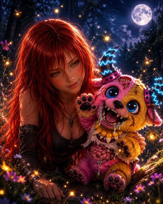 The image features a woman with red hair wearing a black top holding a stuffed animal that appears to be a teddy bear, possibly pink or yellow, as they are surrounded by flowers. The background of the image includes trees and a full moon, creating an enchanting atmosphere. The caption for this image reads "Can I get a GM?? Happy Mutant Monday to the wildest little corner of the timeline We’re talking #twentiesone #moving #energy".