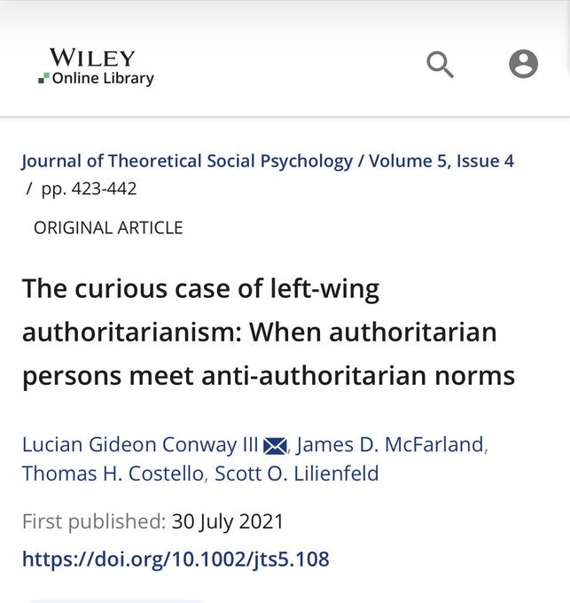 A Wiley Online Library article page showing 'The curious case of left-wing authoritarianism: When authoritarian persons meet anti-authoritarian norms' from the Journal of Theoretical Social Psychology, Volume 5, Issue 4, pp. 423-442, by Lucian Gideon Conway III, James D. McFarland, Thomas H. Costello, and Scott O. Lilienfeld, first published 30 July 2021.