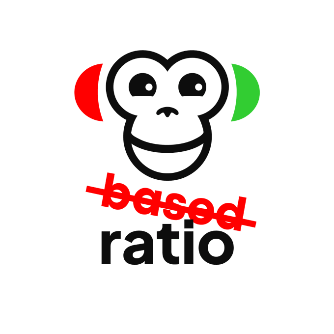 A stylized monkey logo with red and green ears sits above the text "based ratio," with "based" crossed out in red, illustrating the post's announcement that "based" is now "ratio."