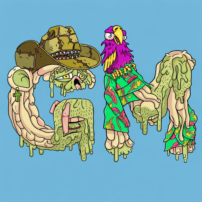 A colorful, psychedelic cartoon illustration on a blue background featuring surreal characters including a creature in a cowboy hat and a purple bird with a beak, wearing tropical-patterned clothing.
