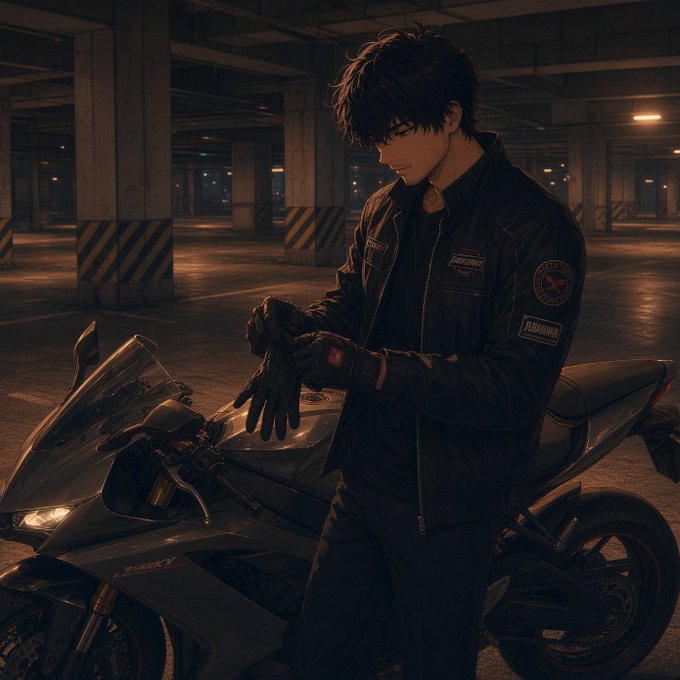 An anime-style young man with dark hair stands in a dimly lit parking garage, putting on gloves next to a black sportbike.
