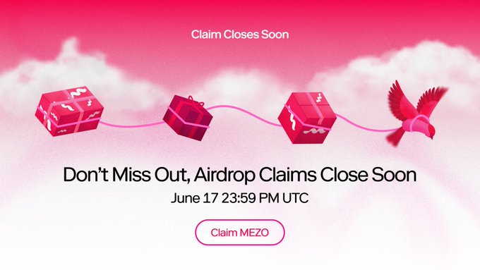 The image features a pink banner with a bird flying over a series of gift boxes arranged in a line. The text on the banner reads "Don't Miss Out, Airdrop Claims Close Soon", indicating that the airdrop claims are about to expire soon. The image also includes a link to a website where users can claim their share of the airdrop rewards by locking and voting for specific pools they want to contribute to.