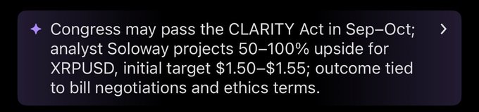 An image showing a bullet point statement about the CLARITY Act, noting Congress may pass it in Sep–Oct, with analyst Soloway projecting 50–100% upside for XRPUSD to an initial target of $1.50–$1.55, contingent on bill negotiations and ethics terms—directly supporting the post's claim of a major catalyst for XRP.