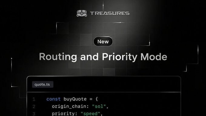 A digital interface from 'TREASURES' displaying a new 'Routing and Priority Mode' with a code snippet for 'quote.ts'.