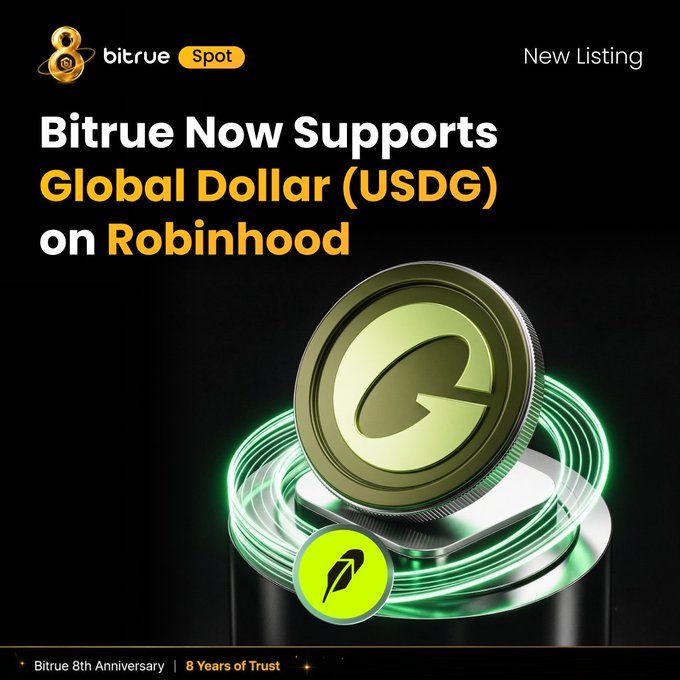 A Bitrue promotional graphic announcing that Global Dollar (USDG) on Robinhood is now supported, featuring a gold "G" coin and green glowing platform alongside the Bitrue logo, 8th Anniversary banner ("8 Years of Trust"), and "New Listing" tag — directly illustrating the post's announcement of USDG/USDT trading availability and Robinhood Chain deposits on Bitrue.